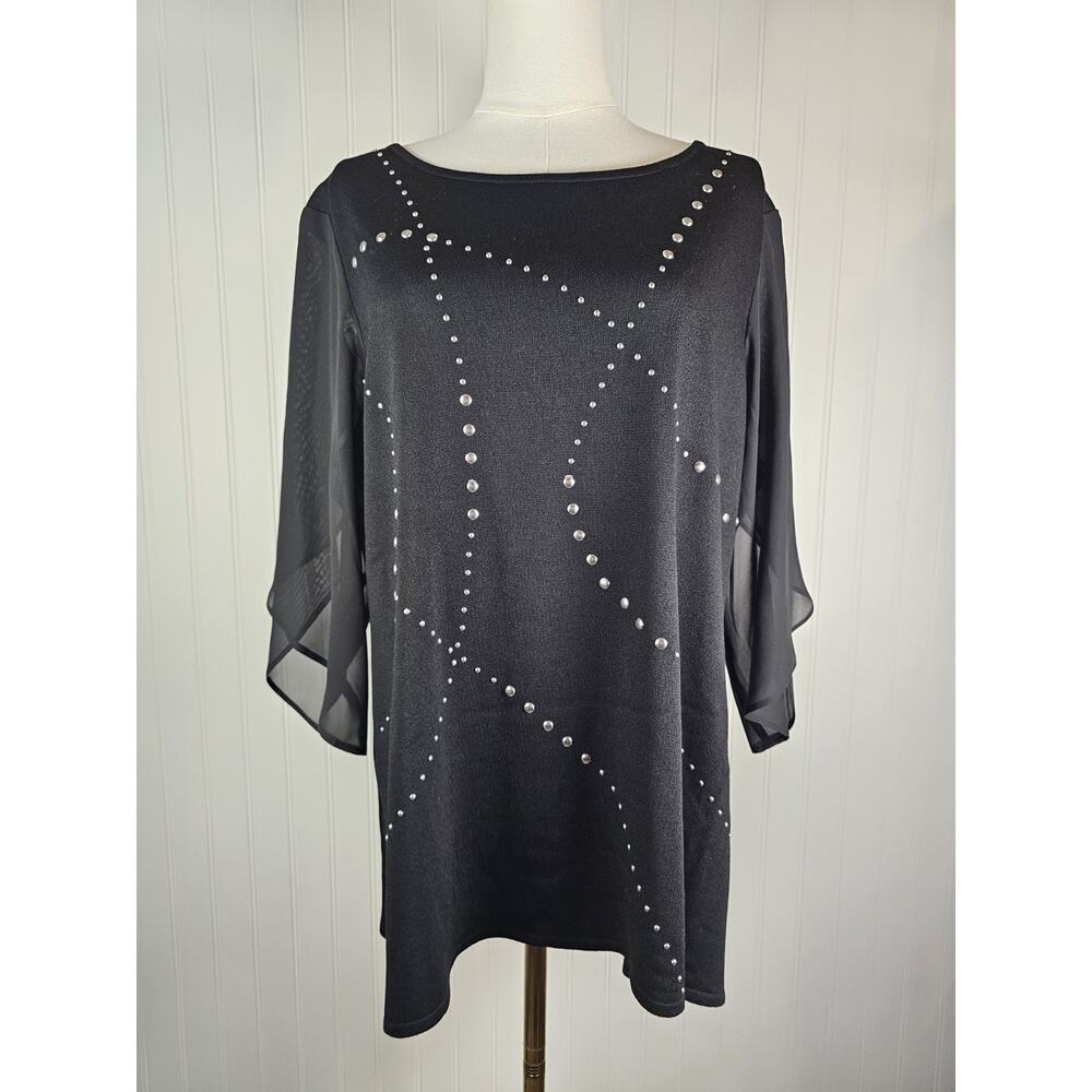 Ming Wang 3/4 Sheer Sleeve Studded Black Tunic‎ Women's Size L